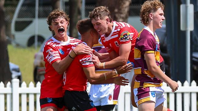 Try Celebration after Jaxon Ballinger touches down for the Dragons 3rd Try. Picture: Adam Wrightson Photography