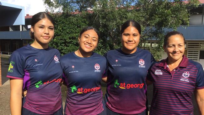 Ipswich State High School rugby league talent with coach Veronica White. Left to right: Tiresa Elika, Shalom Sauaso, Lishainah Ulugia, Veronica White.