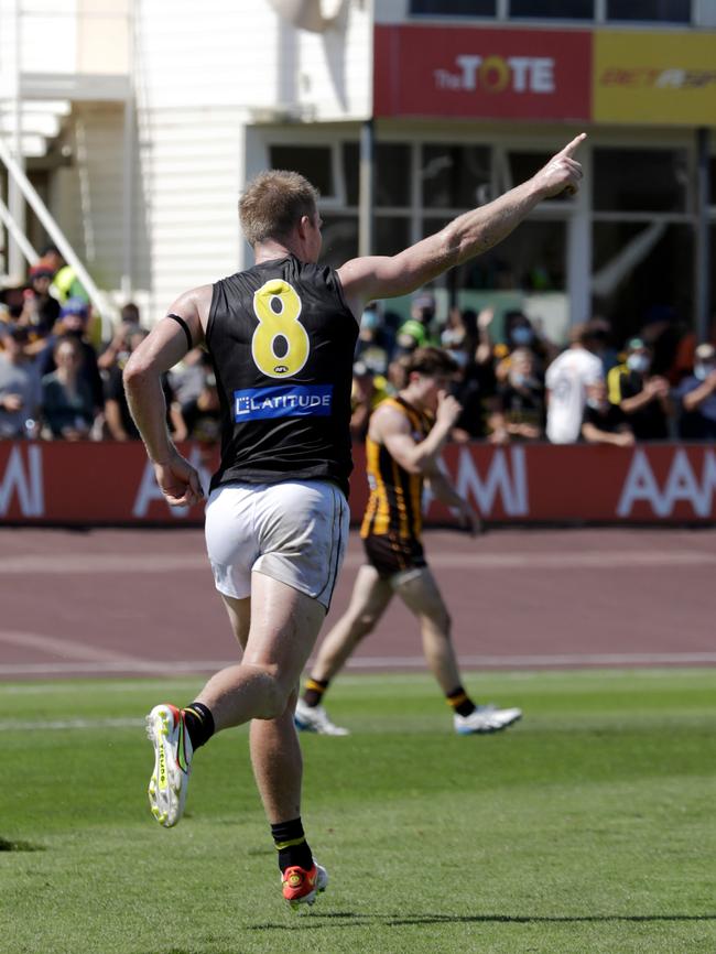 Jack Riewoldt celebrates a goal against the Hawks. Picture: Grant Viney