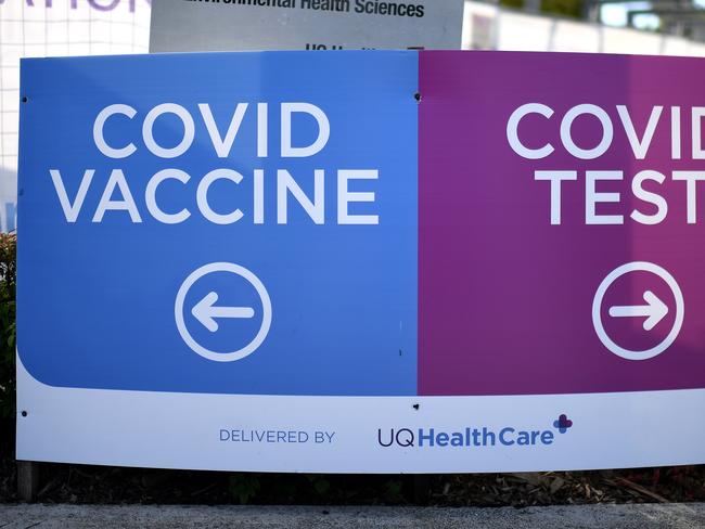 BRISBANE, AUSTRALIA - NewsWire Photos - JULY 6, 2021.A sign outside a COVID-19 vaccine and testing clinic in Brisbane. Queensland Health Minister Yvette D'Ath today announced that 200,000 extra Pfizer vaccine doses would be coming into Queensland in July.Picture: NCA NewsWire / Dan Peled