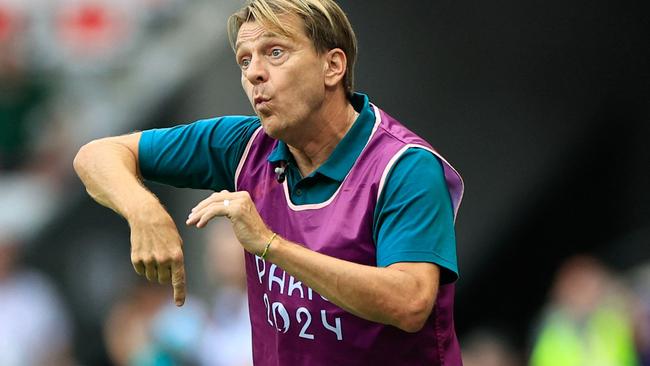 Australia's Swedish coach Tony Gustavsson reacts from the sidelines in the women's group B football match between Australia and Zambia during the Paris 2024 Olympic Games at the Nice Stadium in Nice on July 28, 2024. (Photo by Valery HACHE / AFP)