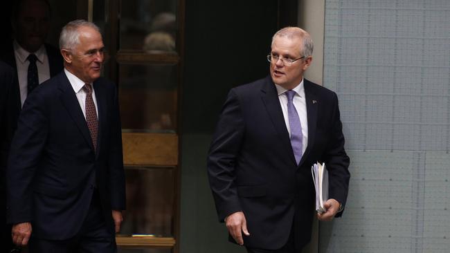 Treasurer Scott Morrison arrives with Prime Minister Malcolm Turnbull to hand down the Budget in the House of Representatives. Picture: Gary Ramage