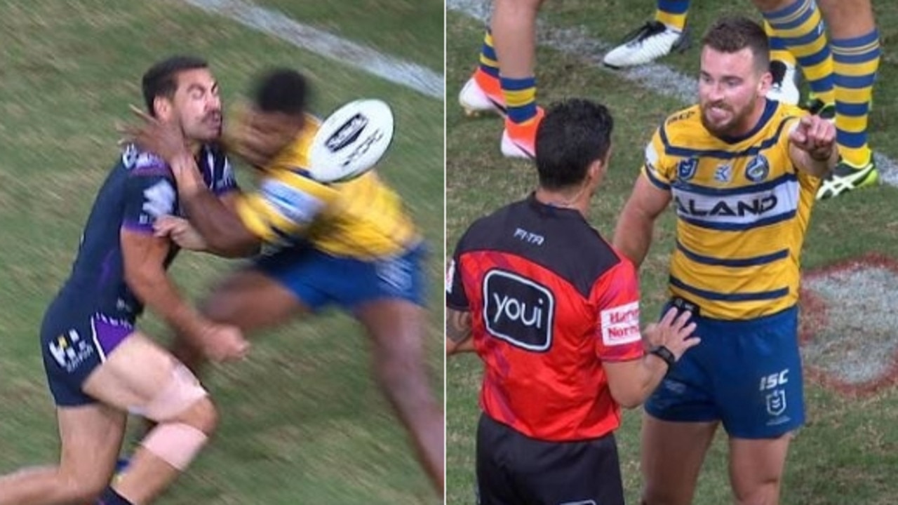 Maika Sivo connects with Jahrome Hughes' head, and then Clint Gutherson blows up at referee Henry Perenara.