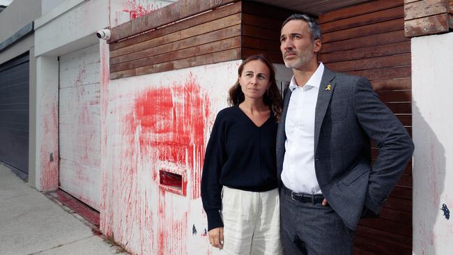 Executive Council of Australian Jewry co-chief executive Alex Ryvchin and wife Vicki outside their former Sydney home, which was the subject of an anti-Semitic attack early on Friday morning. Picture: Max Mason-Hubers / The Australian