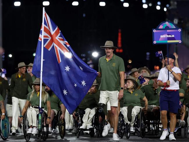 Australia's delegation parades at the Place de la Concorde during the Paris 2024 Paralympic Games Opening Ceremony in Paris on August 28, 2024. (Photo by Franck FIFE / AFP)