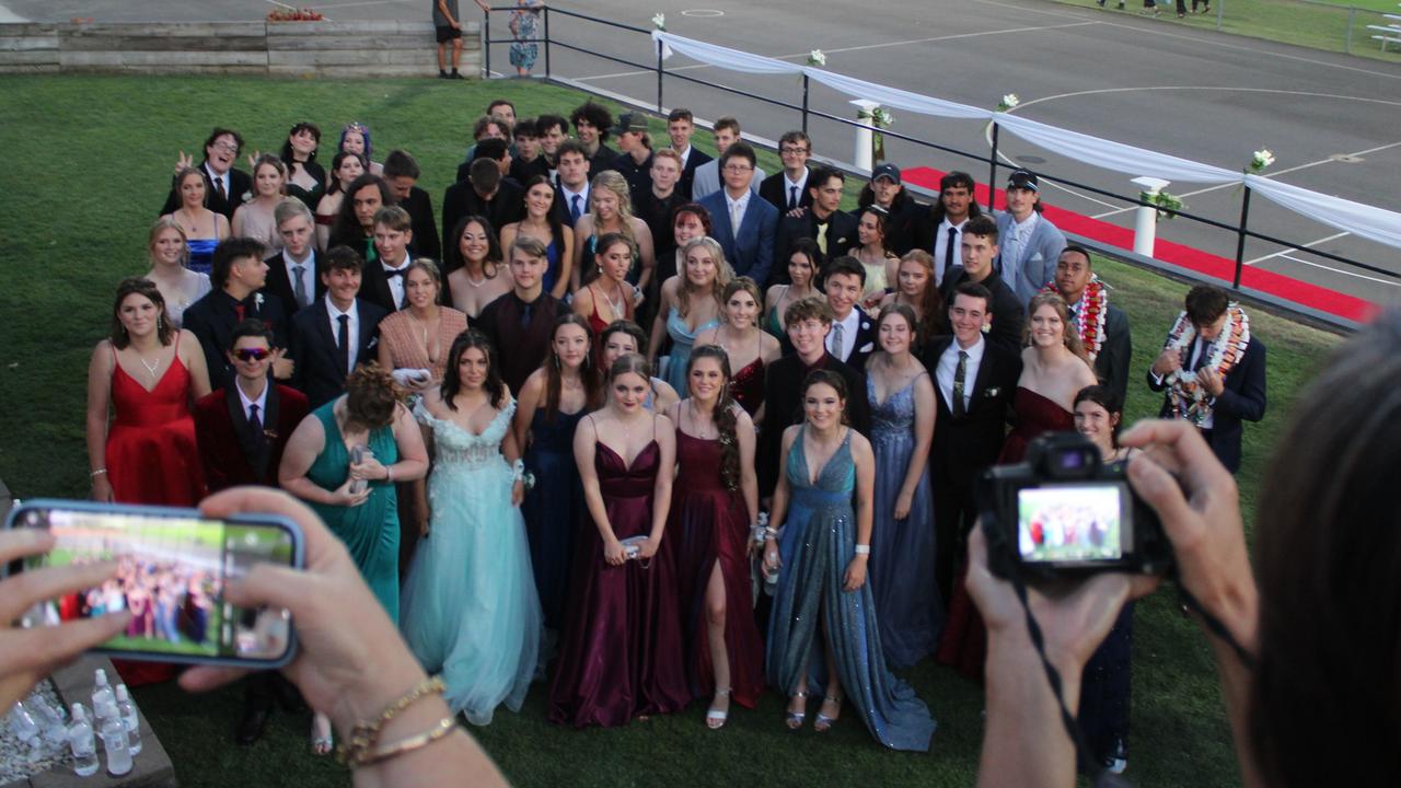 The Bundaberg North State High School class of 2023 assembled for a group photo before entering the Brothers Sports Club function room.