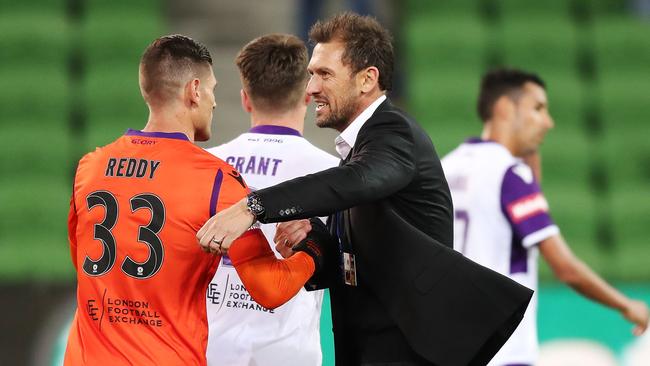 Perth Glory coach Tony Popovic hugs Glory goalkeeper Liam Reddy after their win against Melbourne Victory. Picture: Getty Images