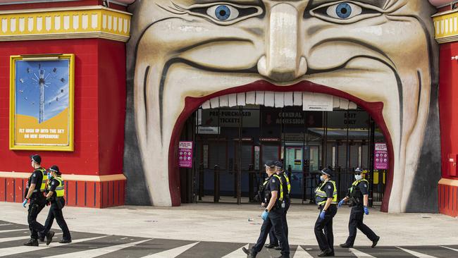 Police patrol near Luna Park in St Kilda. Picture: Daniel Pockett