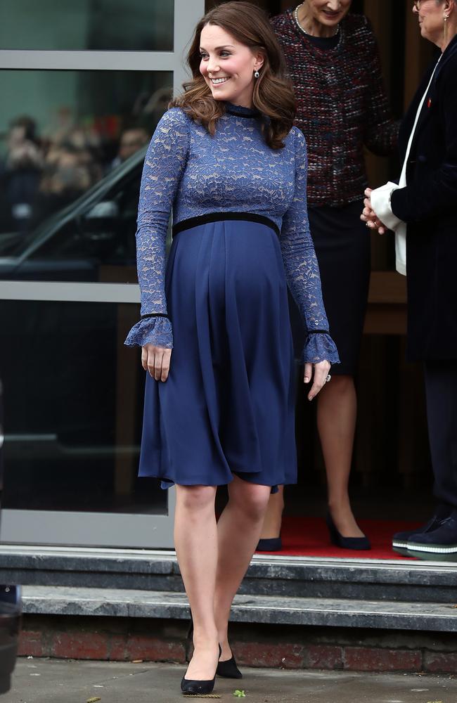 Duchess of Cambridge Kate Middleton opened the new Place2B Headquarters in London in a blue Seraphine maternity dress. Picture: Neil Mockford/GC Images