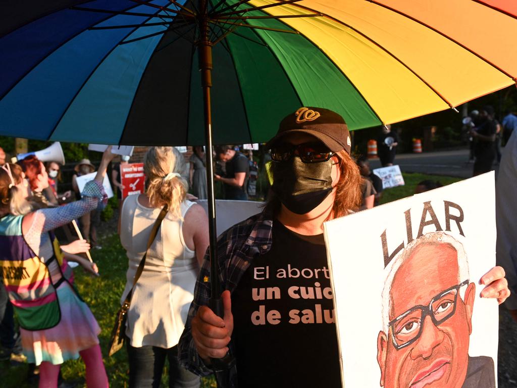 Demonstrators protest at the entrance of the gated community where US Supreme Court Justice Thomas Clarence lives in Fairfax, Virginia, after the US Supreme Court struck down the right to abortion. Picture: AFP