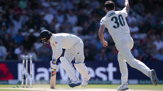 England’s Jason Roy is bowled by Australia’s Pat Cummins in the second innings of the Third Ashes Test at Headingley. Picture: AP