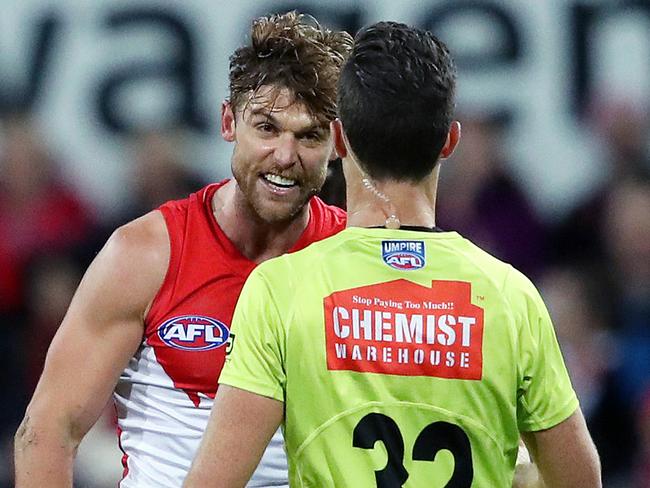 Sydney's Dane Rampe argues with the umpire after having a poor free kick given against him during AFL match Sydney Swans v Essendon Bombers at the SCG. Picture. Phil Hillyard