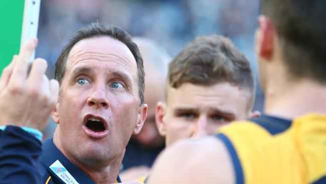 Don Pyke makes a point to his men during the Crows’ win over Carlton at the MCG. Picture: Scott Barbour (AFL Media/Getty Images)