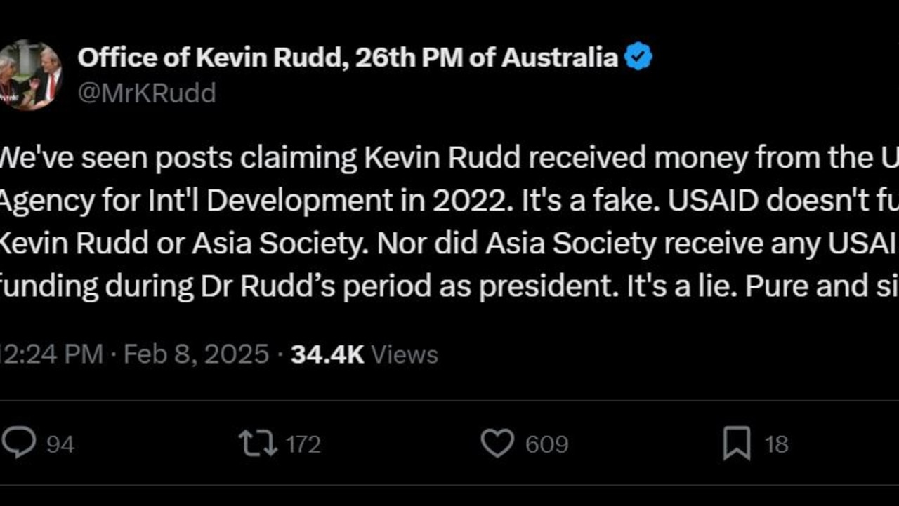 Kevin Rudd's former prime ministerial office comments on USAID rumours. Picture: X