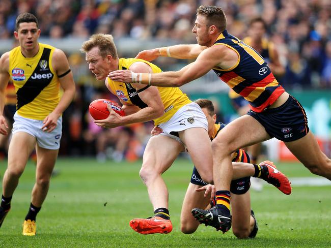 Jack Riewoldt under pressure. Picture: Mark Stewart