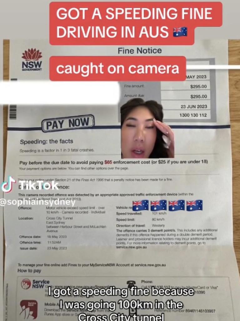 Sophia received a $295 fine for speeding 21km/h over the speed limit. Picture: TikTok/@sophiainsydney