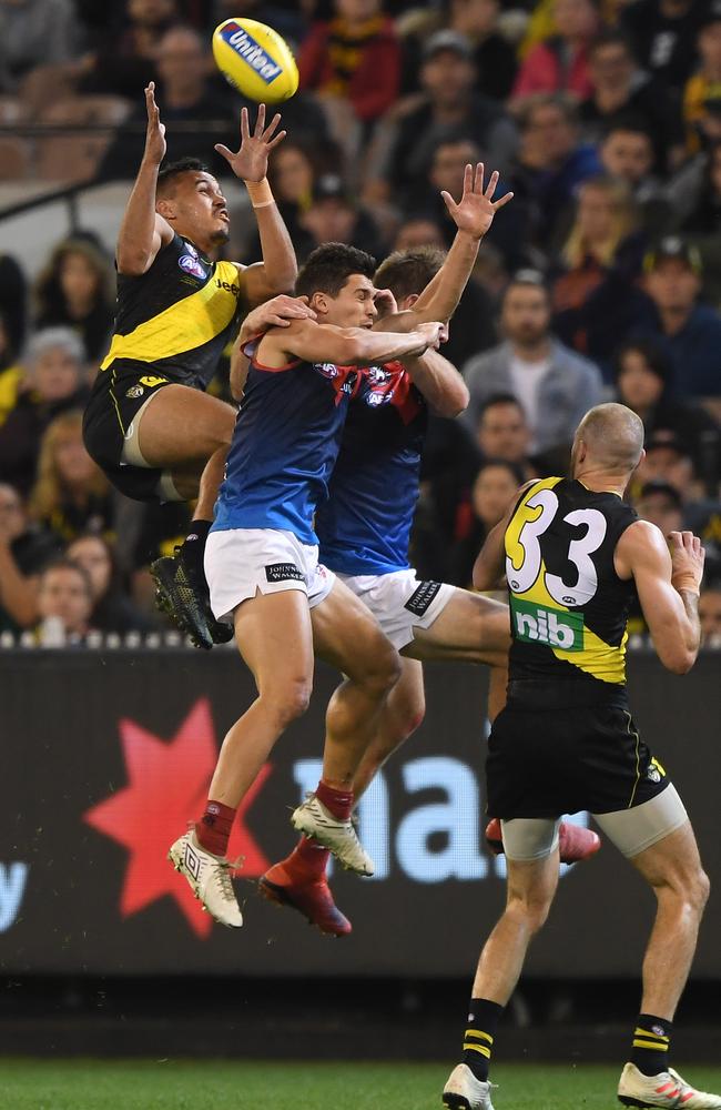 Sydney Stack pulls down a huge hanger during Richmond's win over Melbourne. Picture: AAP Image/Julian Smith.