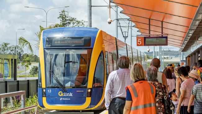 Big crowds board the light rail at Helensvale. Picture: Jerad Williams