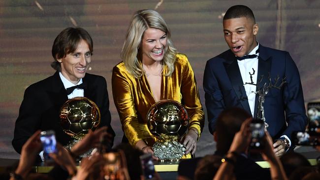 Men's Ballon d'Or winner Luka Modric, Women's Ballon d'Or winner Ada Hegerberg and under-21 Ballon d'Or (Koppa trophy) winner Kylian Mbappe. Picture: AFP