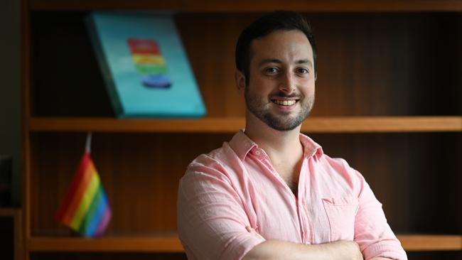 Greens MP for Brisbane, Stephen Bates, at his office in Albion, Brisbane. Bates talks about his life as one of the few openly gay politicians. Picture: Lyndon Mechielsen