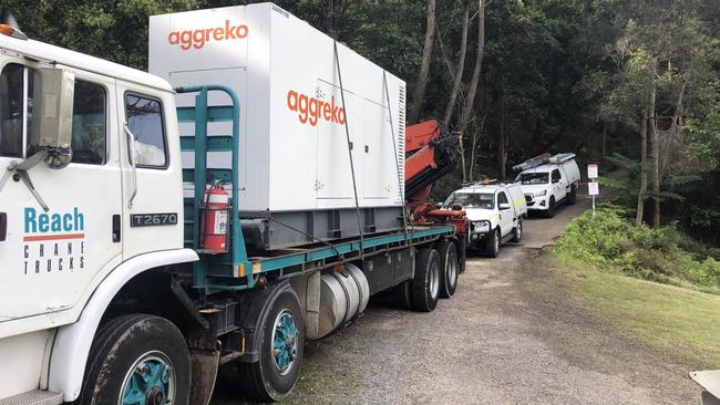 In a complex military-style operation power provider Ausgrid trucked in two giant portable generator to provide power to communities on the western side of Pittwater after an underwater cable failed. Picture: Ausgrid