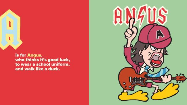 'A is for Angus' page artwork from The AC/DC AB/CD High-Voltage Alphabet, an illustrated children's book by artist Paul McNeil published by Love Police Books in November 2022.