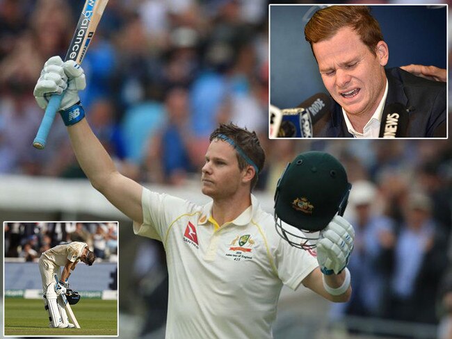 Steve Smith raises his bat after his century at Edgbaston (main), and looks at the field as the 100 sinks in (bottom left). It's a far cry from the emotiona of his post-Sandepapergate prerss conference (top right). Pictures: