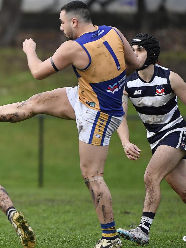 Hisham Kerbatieh gets a kick for Sunshine. Picture: Andrew Batsch