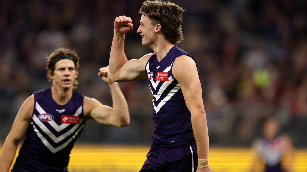 PERTH, AUSTRALIA - JUNE 24: Jye Amiss of the Dockers celebrates after scoring a goal during the 2023 AFL Round 15 match between the Fremantle Dockers and the Essendon Bombers at Optus Stadium on June 24, 2023 in Perth, Australia. (Photo by Will Russell/AFL Photos via Getty Images)