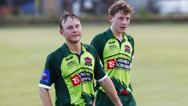 Brothers Henry King and Tommy King walk from the crease at the end of the over in the Cricket Far North first grade 40 overmatch between the Cairns Rovers and Norths, held at Griffiths Park, Manunda. Picture: Brendan Radke