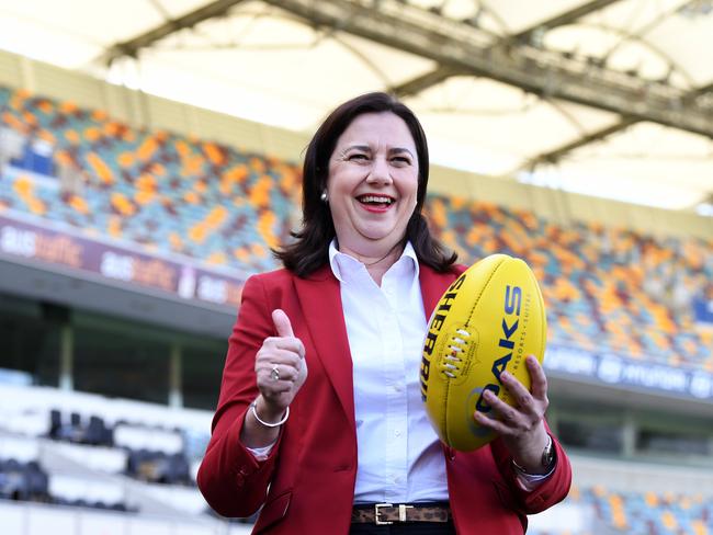 Annastacia Palaszczuk poses for a photo during the announcement that the 2020 AFL Grand Final game will be played at the Gabba. Picture: NCA NewWire / Dan Peled