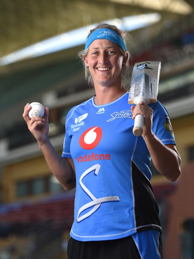 Strikers player Sophie Devine at Adelaide Oval. “I loved (Brett Lee’s) action, I loved that he could swing the ball, it was a shame he was Australian, but he was a pretty good role model.” Photo: Naomi Jellicoe