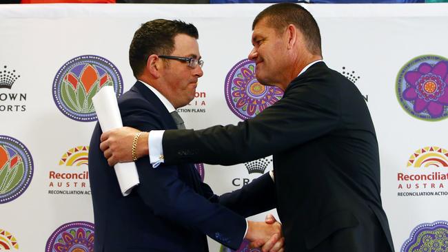 Victorian Premier Daniel Andrews, left, with former Crown Resorts chairman James Packer in 2015. Picture: Aaron Francis