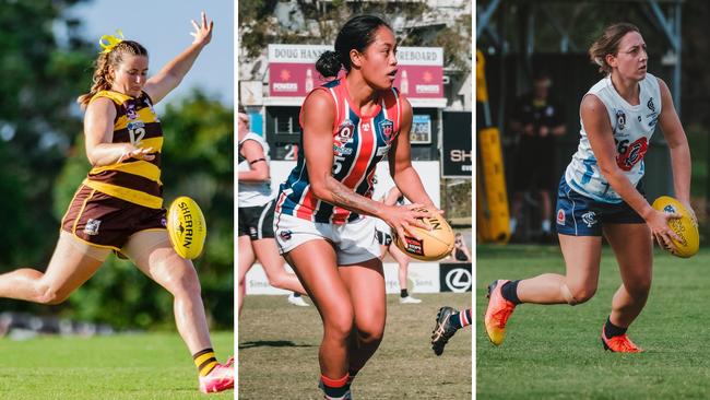 QAFLW key players Lucia Liessi (Aspley), Keyshia Matenga (Wilston Grange) and Chelsea Chesterfield (Coorparoo). Pictures: Facebook, Clyde Scorgie/Brooke Sleep Media.