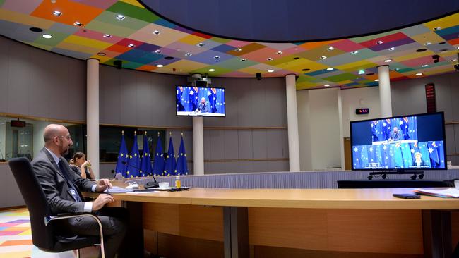 European Council President Charles Michel holds a EU-Australia leaders' videoconference with President of the European Commission Ursula von der Leyen and Scott Morrison (unseen), in Brussels. Picture: AFP.