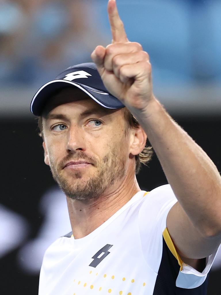 The Australian celebrates after his tough battle. Picture: Getty Images