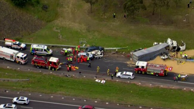 A two-year old girl travelling in the rear of one of the vehicles died at the scene. Picture: Channel 9.