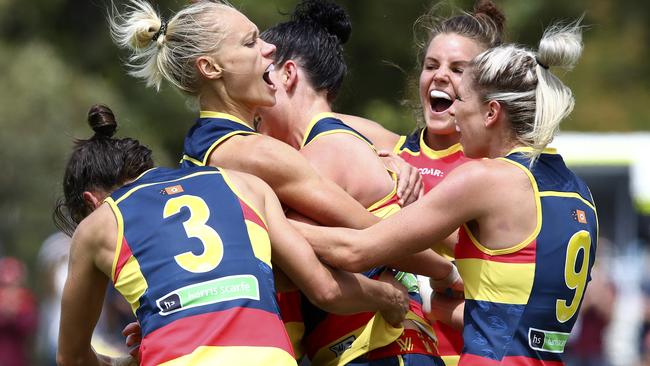 Erin Phillips celebrates putting the Crows in front. Picture: Sarah Reed