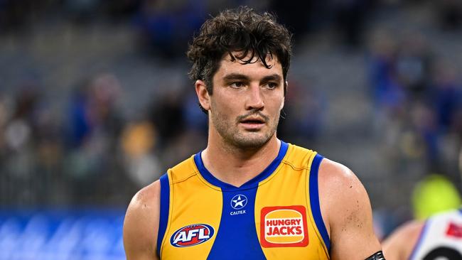 PERTH, AUSTRALIA - JUNE 08: Tom Barrass of the Eagles unhappy after the loss during the 2024 AFL Round 12 match between the West Coast Eagles and the North Melbourne Kangaroos at Optus Stadium on June 08, 2024 in Perth, Australia. (Photo by Daniel Carson/AFL Photos via Getty Images)