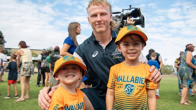 Lucas Motlop, Carter Gordon and Levi Motlop as the Wallabies get around the NT Rugby Union community before the 2023 World Cup.Picture: Pema Tamang Pakhrin