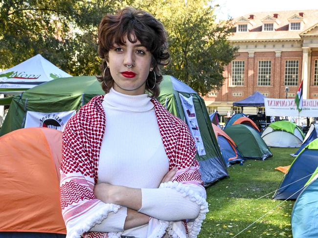 El Hall poses at the Adelaide Uni Gaza Solidarity Encampment at the Maths Lawns.Tuesday,May 7,2024.Picture Mark Brake