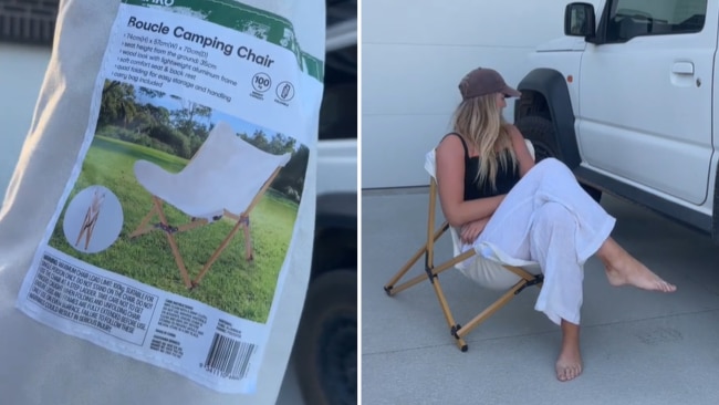 People are obsessed with Kmart's Boucle Camping Chair. Image: TikTok / @maddybockett.