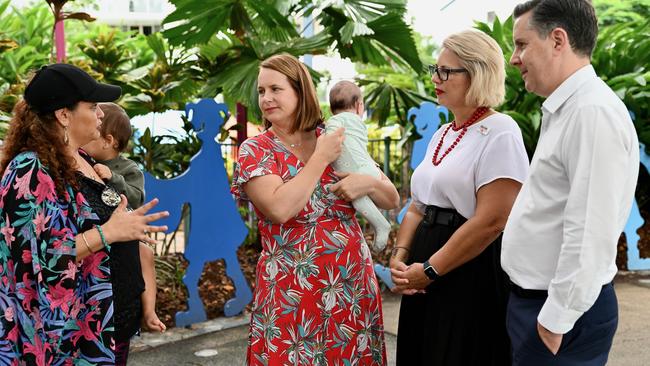 Cairns local Natasha Finocchiaro speaks with Senator Nita Green, Leichhardt candidate Elida Faith and Show Minster for Health and Ageing Mark Butler about her family’s experience with effective newborn health screening. Photo: Isaac McCarthy