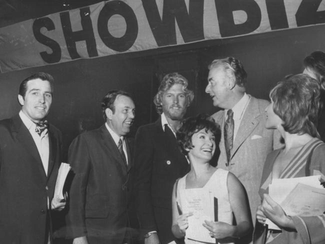 ALP concert 1972: Mike Dorsey, left, Mr McClelland, Tony Bonner, Barbara Joss, Gough Whitlam and Noeline Brown.