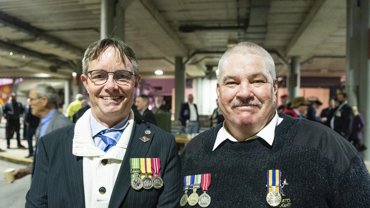 Brian Alderton (left) and Peter Yarrow before marching to the Anzac Day dawn service, Monday, April 25, 2022. Picture: Kevin Farmer