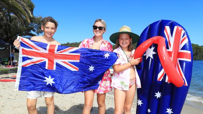 Celebrating Australia Day at Tallebudgera Creek is Gold Coast family Lineoln Beddoes, Summah Beddoes and Matilda Beddoes Photo: Scott Powick.