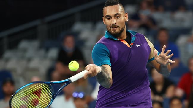 Nick Kyrgios plays a forehand against Ugo Humbert on Wednesday night. Picture: Getty Images