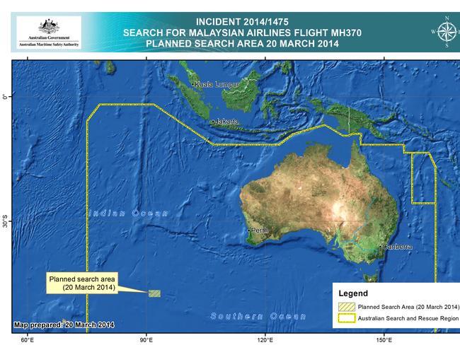 Map of the first search area 10 years ago. Picture: Getty Images