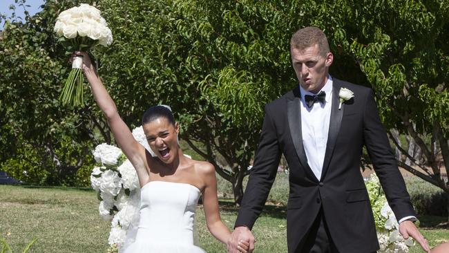 And overjoyed Swale and O'Brien after exchanging vows. Picture: Brett Hartwig