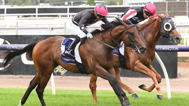 Zestiman (outside) gets the better of I’m Kenough to score a debut win at Flemington. Picture: Getty Images